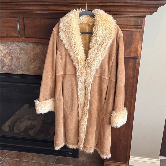 Wilsons Leather tan suede leather faux fur trim midi length Penny Lane jacket L - Picture 13 of 13